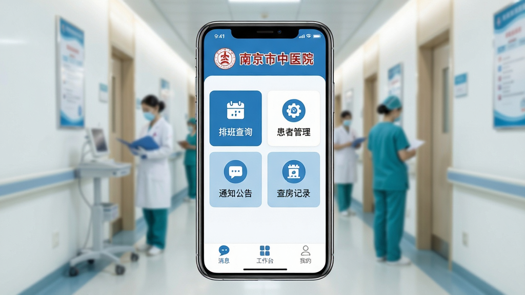 һ��չʾ�Ͼ�����ҽԺҽ�����ֻ�App�������ͼƬ������������һ�����������ֻ�����Ļ��ʾApp��ҳ���֣�����Ϊ�Ͼ�����ҽԺԺ�պ����ƣ��м������������Ű��ѯ�����߹�����֪ͨ���桢�鷿��¼�ĸ�����ģ��ͼ�꣬�ײ�Ϊ��Ϣ������̨���ҵ�����������ǩ������������ɫ��Ϊ���������רҵ������ΪҽԺ�����黯���������������ɾ����޶���Ԫ��