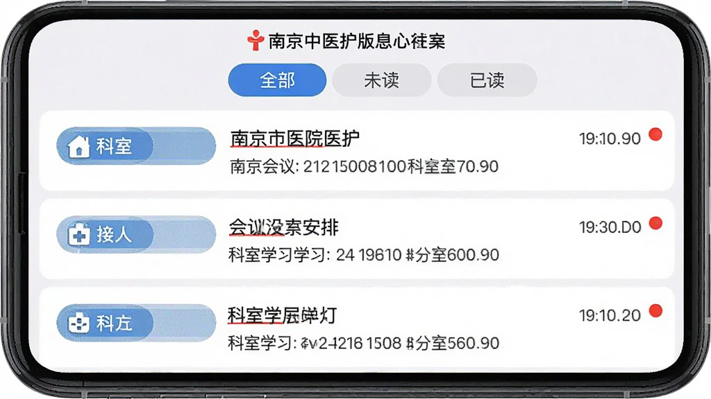 һ��չʾ�Ͼ�����ҽԺҽ������Ϣ֪ͨ���ĵ�ͼƬ���ֻ���Ļ��ʾ֪ͨ�б���ÿ��֪ͨ����п��ұ�ǩ��ͼ�꣬�Ҳ���ʾʱ���δ����㣬������ȫ����δ�����Ѷ�ɸѡ��ǩ��֪ͨ�����漰���鰲�źͿ���ѧϰ�������Ű����룬�԰�ɫ��ǳ��ɫΪ��ɫ�����ɾ����䣬��������