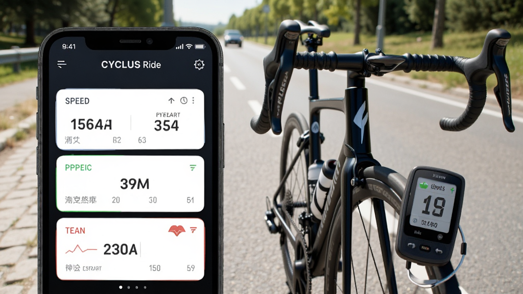 һ��չʾ CYCPLUS Ride Ӧ��ʵʱ����ͬ�����ܵĻ��棬�ֻ���Ļ��ʾ�ٶȡ�̤Ƶ�������������ݿ�Ƭ���Ա���һ����·���г�������豸�������ǳ��е�·���������������дʵ�˶����Ű�������ϸ�ڷḻ�����ʸɾ��޶���Ԫ��
