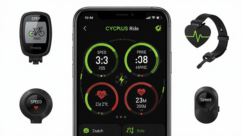 һ��չʾ CYCPLUS Ride Ӧ����������ֻ���Ļ��ͼ���������������������Ǳ��̣���ʾ�ٶȡ�̤Ƶ�����ʵ�Բ������ģ�飬��������ɫ�������ӫ���̵�׺���ֻ���Χ������������������ʴ����ٶȴ��������豸ͼ�꣬�Ű����ִ������Ƽ��˶��У�ϸ���������������ʸɾ��޶���Ԫ��