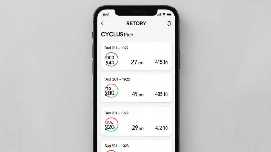 һ��չʾ CYCPLUS Ride Ӧ����ʷ��¼�б�����Ļ��棬�ֻ���Ļ��ʾ�������м�¼��Ƭ��ÿ���������ڡ����롢ʱ����ƽ���ٶȣ������Ǹɾ��İ�ɫ���棬��Ƭʽ���֣������ʵ�ã�ϸ�����������ʸɾ��޶���Ԫ��