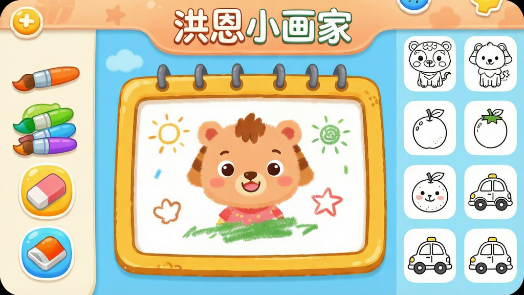 ���С����App������ȫòչʾ�����������ǿ�ͨ���Ļ�������������ŰڷŲ�ɫ���ʡ���Ƥ������乤��ͼ�꣬�Ҳ���ʾ���ˮ������ͨ���ߵ���ɫ�߸�����ͼ�������С����С���ҡ����ֱ�ʶ�����岼�����������Ϊ�������õĶ�ͯ�廭�磬ɫ�����Բ��ϸ�ڸɾ��޶���Ԫ�أ���������