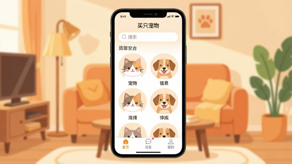 һ���ֻ�Ӧ�ý���չʾͼ�������������ֻ���Ļ����Ļ����ʾ����ֻ���App��ҳ���������������м���è�乷���Ŀɰ�ͷ���б����ײ��С���ҳ������Ϣ�����ҵġ���������������ůɫ������ܰ����������������±�ƽ��ϸ��Բ�󣬻��ʸɾ��������޶���Ԫ��