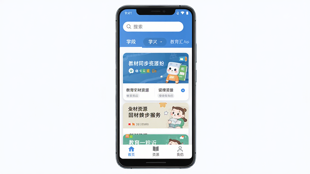 ������App������ȫòչʾ������������һ����׿�ֻ�����Ļ��ʾ������App��ҳ����������������ѧ���л���ǩ���м��ǽ̲�ͬ����Դ��Ƭ�б����ײ�Ϊ��ҳ����Դ���ҵ�����������ť�����岼������������ɫ��Ϊ���������ˬ�ִ���ϸ��Բ�󣬻��ʸɾ����޶���Ԫ��