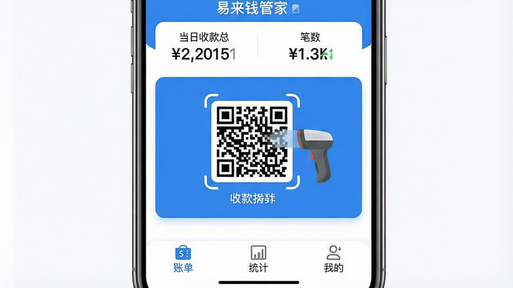 һ���ֻ���Ļ��ͼ�����������ǡ�����Ǯ�ܼҡ�Ӧ�õ������棬������Ƽ�࣬������Ϊ��ɫ����������ʾ�����տ��ܶ�ͱ������м���һ����Ŀ���տ��ά���ɨ��ǹͼ�꣬�ײ����˵���ͳ�ƺ��ҵ�����ѡ������岼�����������ֱ�ǩ��ȷ������ִ���ƽ��ϸ��Բ�󣬻��ʸɾ��޶���Ԫ�ء�