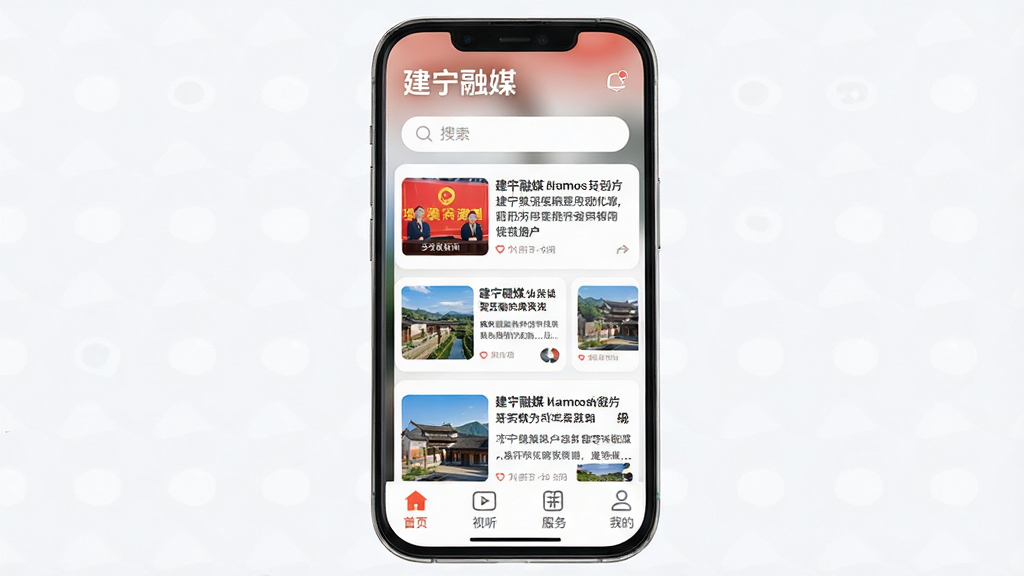 ������ý�ֻ�App������չʾ������������һ�����������ֻ�����Ļ����ʾ������ýӦ����ҳ�������н�����ý���ֱ�ʶ�����������м���������Ѷ��Ϣ����Ƭ���ײ�����ҳ�������������ҵ��ĸ�����ͼ�꣬���岼�ּ���������Ű����������ִ���ƽ����ϸ��Բ���£����ʸɾ������޶���Ԫ��