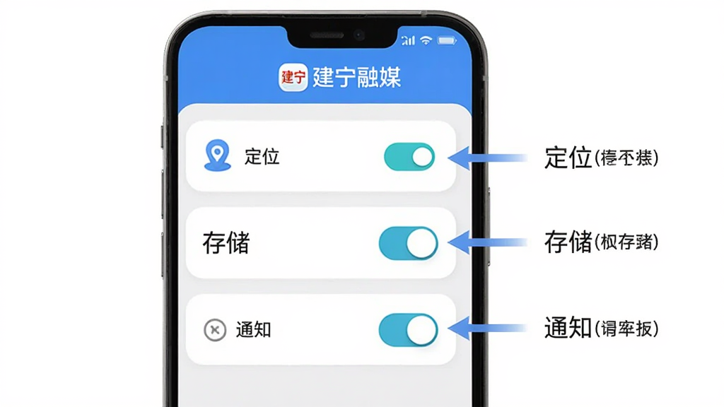 ������ý��װʹ�ý̳�ʾ��ͼ������Ϊһ���ֻ���Ļ��ʾ������ýApp��Ȩ�����ý��棬�������ж�λ���洢��֪ͨ����Ȩ�޿��أ��Ա��м�ͷָʾ�������裬��Ļ�Ϸ��н�����ý���ֱ�ʶ������Ϊ�����б��������������ϸ��ͼ��Բ�󣬻��ʸɾ��޶���Ԫ��
