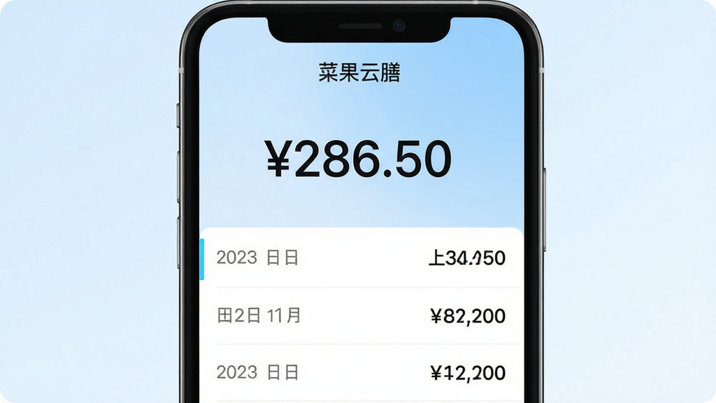 一张展示菜果云膳个人账户余额与账单页面的图片,手机屏幕上半部分显示账户余额“286.50”大号数字,下半部分是最近交易记录列表,每条记录有日期、消费金额和余额,页面顶部有“菜果云膳”文字,背景是浅蓝色渐变,风格简约商务,画质干净,无多余元素