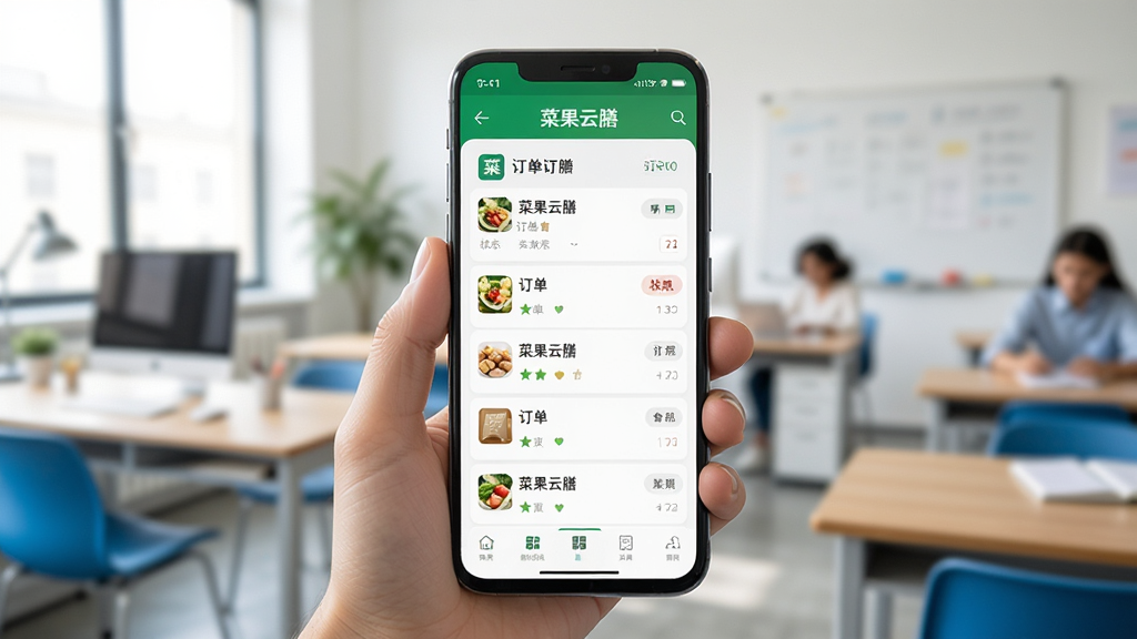一张展示菜果云膳在安卓手机上运行流畅的图片,画面中一只手拿着手机,屏幕显示菜果云膳的订单列表页面,背景是明亮的办公室或教室,手机屏幕清晰显示“菜果云膳”文字和订单状态,风格生活化,画质干净,无多余元素