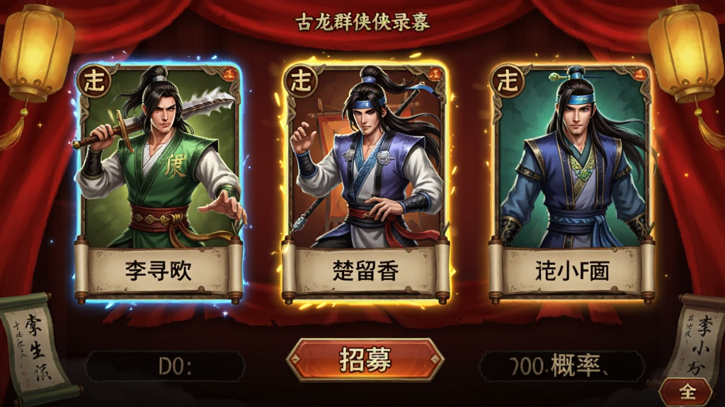 ����Ⱥ��¼������ļ���棬����չʾ��Ѱ���������㡢½С����λ���������ɫ�Ŀ������棬���ư�Ʒ�����У�����Ϊ��ɫ������ɫ����װ�ε���ļ���������������ſ��ƺ����У��·�����ļ��ť�͸���˵�������Ϊ�й�������������Ϸ�鿨���棬ϸ�ڰ������Ʊ߿��Ч����ɫ��̬���ơ��������֣����������ɾ��޶���Ԫ��
