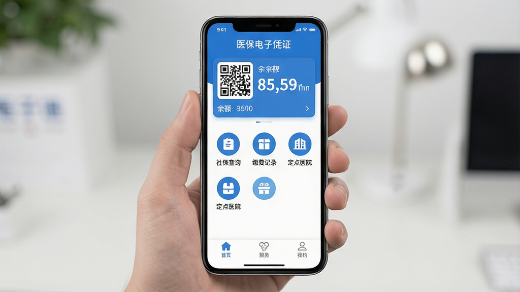 һ���ֻ���Ļչʾҽ��ͨApp�������ͼƬ�����������Ǽ���������ɫ���棬������ʾҽ������ƾ֤��ά���������֣��м����籣��ѯ���ɷѼ�¼������ҽԺ��Բ�ι���ͼ�꣬�ײ�����ҳ�������ҵ�����ѡ�������ִ���ƽ��ϸ��Բ�󣬻��ʸɾ��������޶���Ԫ�ء�