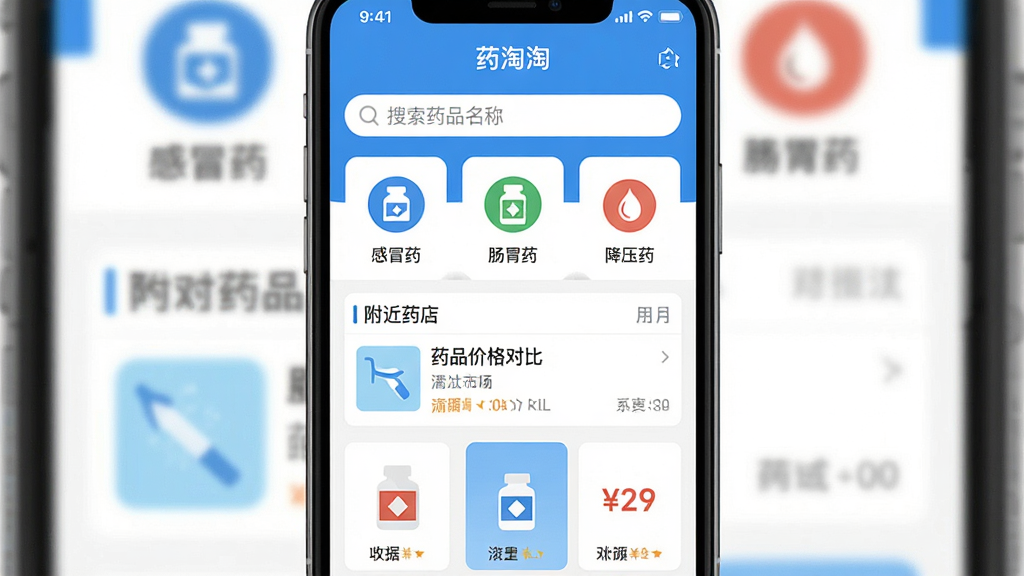 һ���ֻ�Ӧ�ý����ͼ�����������ǡ�ҩ���ԡ�App��ҳ������������д�š�����ҩƷ���ơ����·�չʾ����ҩƷ����ͼ�����ðҩ����θҩ����ѹҩ���м������и���ҩ���б���ҩƷ�۸�Աȿ�Ƭ�����岼�ּ�࣬������ɫ������ִ���ƽ�����������ɾ����޶���Ԫ��