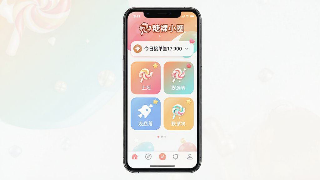 һ���ֻ���Ļչʾ�ǹ�СȦӦ�������棬���涥����ʾ�ǹ�СȦlogo�ͽ��սӵ��������м��������Ĺ�����ڿ�Ƭ���ײ�Ϊ��������������ɫ���ǹ�ɫ����Ϊ����������»��ã�����ɾ����࣬�޶���Ԫ�أ����廭��
