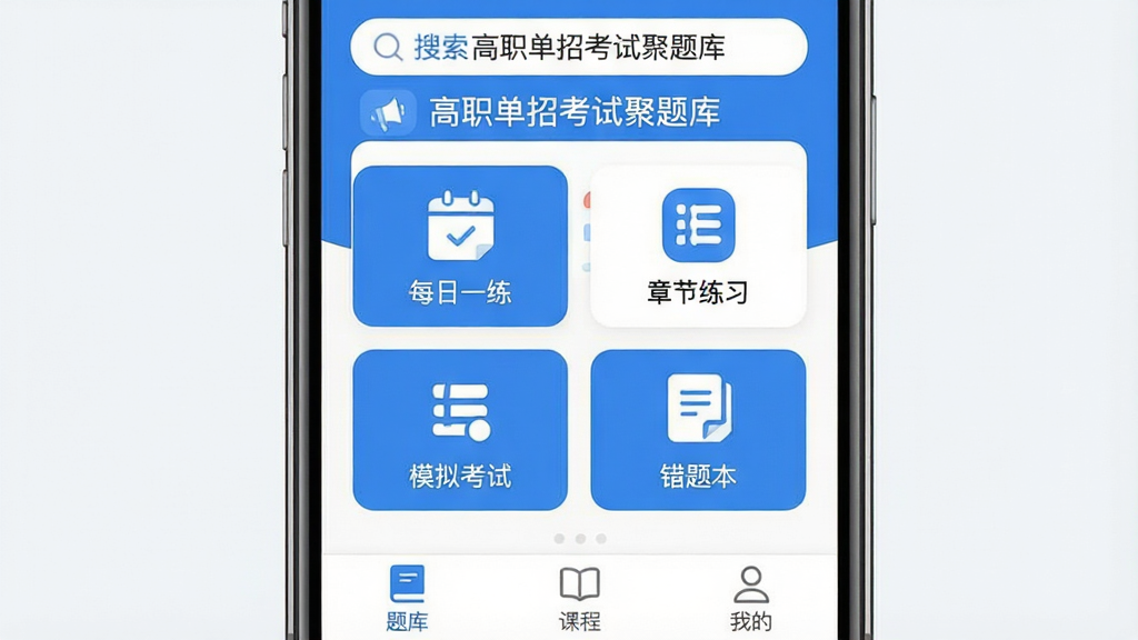 һ���ֻ���Ļչʾ����ְ���п��Ծ���⡱APP�������ͼƬ����������ɫ�Ͱ�ɫΪ��ɫ����������������͡���ְ���п��Ծ���⡱���ֱ�ʶ���м��ǡ�ÿ��һ���������½���ϰ������ģ�⿼�ԡ��������Ȿ���ĸ�����ģ��ͼ�꣬�ײ��ǡ���⡱�����γ̡������ҵġ�����ѡ������������ִ�����ƽ����ƣ�ͼ��Բ�󣬻��������ɾ����޶���Ԫ�ء�