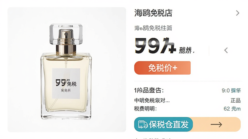 �����Ǻ�Ÿ��˰��App����Ʒ����ҳ��ͼ����棬����Ϊ���չʾһƿ��ˮ��Ʒͼ���Ҳ�չʾ�۸��ǩ�͡���˰�ۡ��������·���˰����ϸ�͡���˰��ֱ������ǩ���Ű�����������ǵ�������ҳ�ĸɾ���Լ�磬ϸ����ͻ���۸����ֺ���Ʒ����ͼ�꣬���ʸ��壬�޶���Ԫ��
