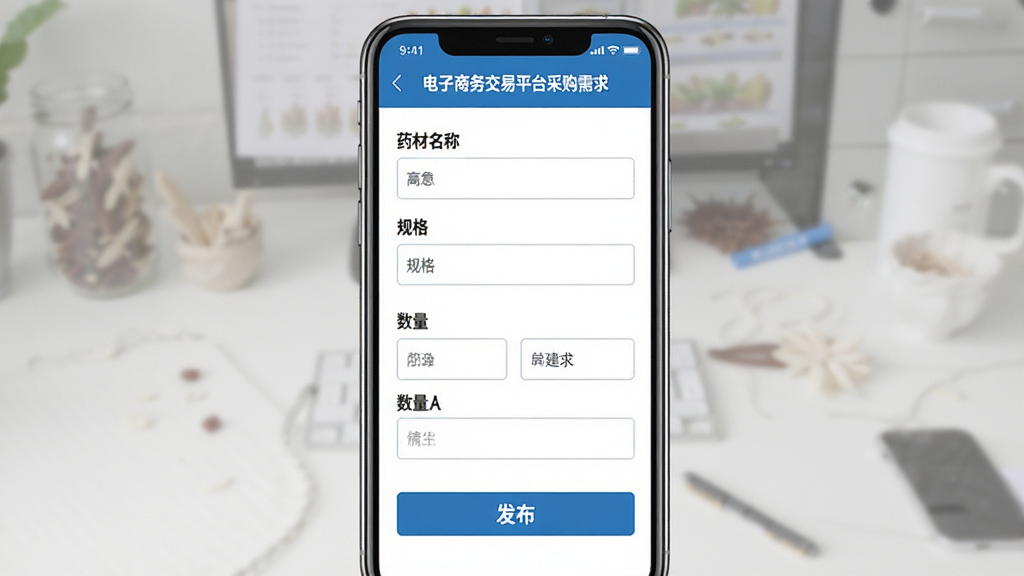 ����ҩҵ������������ƽ̨�ɹ����󷢲����棬����չʾ�ֻ���Ļ�ڲɹ�������д����������ҩ�����ơ����������������·��Ƿ�����ť�����������ˣ�������ɫ�����ʸɾ��޶���Ԫ��