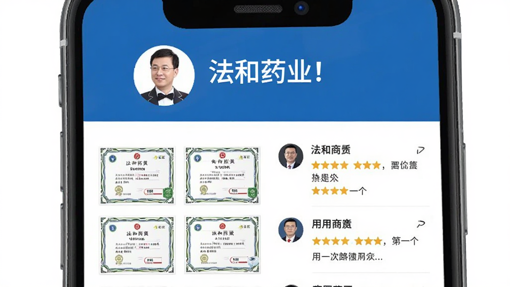 ����ҩҵ������������ƽ̨��Ӧ������ҳ�棬����չʾ�ֻ���Ļ���̼�����֤������ͼ���û������б����������̼�ͷ������ƣ����岼�����������רҵ���ţ�������ɫ�����ʸɾ��޶���Ԫ��