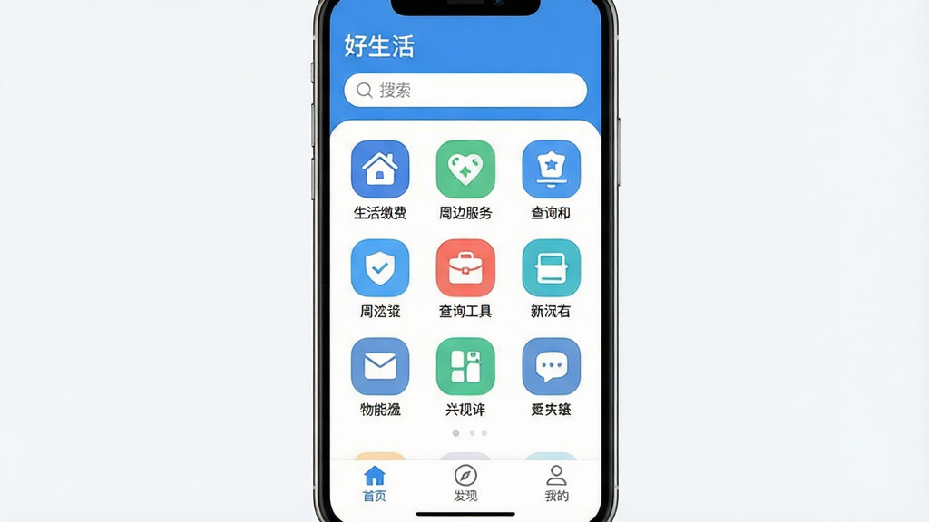һ���ֻ�App����չʾͼ�����������ǡ������Ӧ�������棬����Ϊ������ɫ��������ʾ�������Ӧ�����ƺ��������в�Ϊ�Ź�����ͼ�����У���������ɷѡ��ܱ߷��񡢲�ѯ���ߵ�ͼ�꣬�ײ�Ϊ��ҳ�����֡��ҵ�����������ǩ�����岼������������ִ���ƽ��ͼ��Բ�󣬻��ʸɾ��޶���Ԫ��