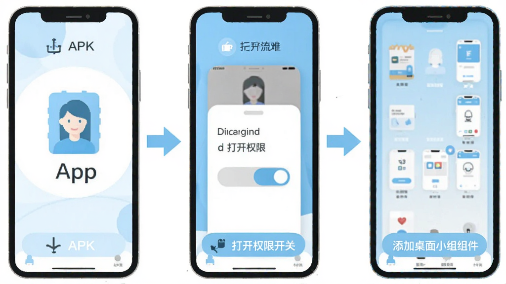 ����APP���ְ�װ��������ͼ������չʾ�ֻ���Ļ������APK����Ȩ�޿����ٵ���������С������������裬ÿ�������ü���ͼ��ͼ�ͷ���ӣ���ɫΪǳ���Ͱ�ɫ������ƽ����Ϣͼ�����ֱ�ǩ���������ʸɾ����޶���Ԫ��