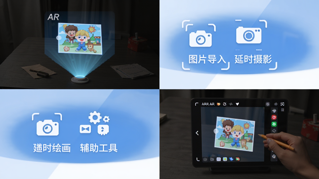 �輣AR�滭 ������ɫչʾͼ �����Ϊ�ĸ����� �ֱ�չʾARͶ�� ͼƬ����༭ ��ʱ��Ӱ �������� ÿ�������ü��ͼ������ֱ�ע ������ͳһ ������ɫ �������� ���ʸɾ� �޶���Ԫ��