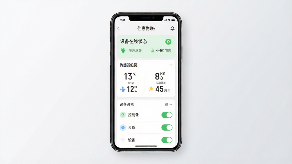 һ��չʾ�ѻ�����App���Ľ�����ֻ�����ͼ�������������ֻ���Ļ����Ļ����ʾ�ѻ���������ҳ���������豸����״̬��Ƭ���м��Ǵ��������������ʾ�¶�ʪ�ȹ�����ֵ���·����豸�б��Ϳ��ƿ��ذ�ť������Ϊ�ɾ���ǳ�ҽ��䣬���������ִ���ƽ�������ֱ�ǩ���������ʸɾ��޶���Ԫ��