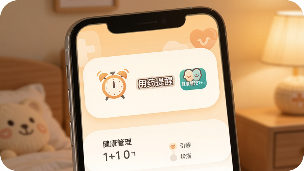 ��������1+1�������������ý��棬�ֻ���Ļ��ʾһ������ͼ��͡���ҩ���ѡ����֣��Ա��н�������1+1��С��ʶ����������ܰ��ůɫ����������У����ֹ�����ϸ��Բ�󣬻��ʸɾ�
