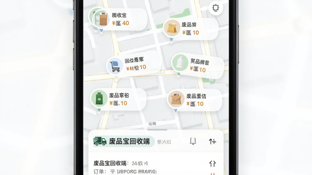��Ʒ�����ն�APP�������ͽ��棬�ֻ���Ļ��ʾ��ͼģʽ�������ж�����ն�����ǵ㣬ÿ����ǵ��Ա���ʾ��Ʒ����ͼ���Ԥ���۸񣬵ײ������������鿨Ƭ����������Ʒ�����նˡ����ֱ�ʶ�������ǳ��нֵ���ͼ����������죬���������ɾ�
