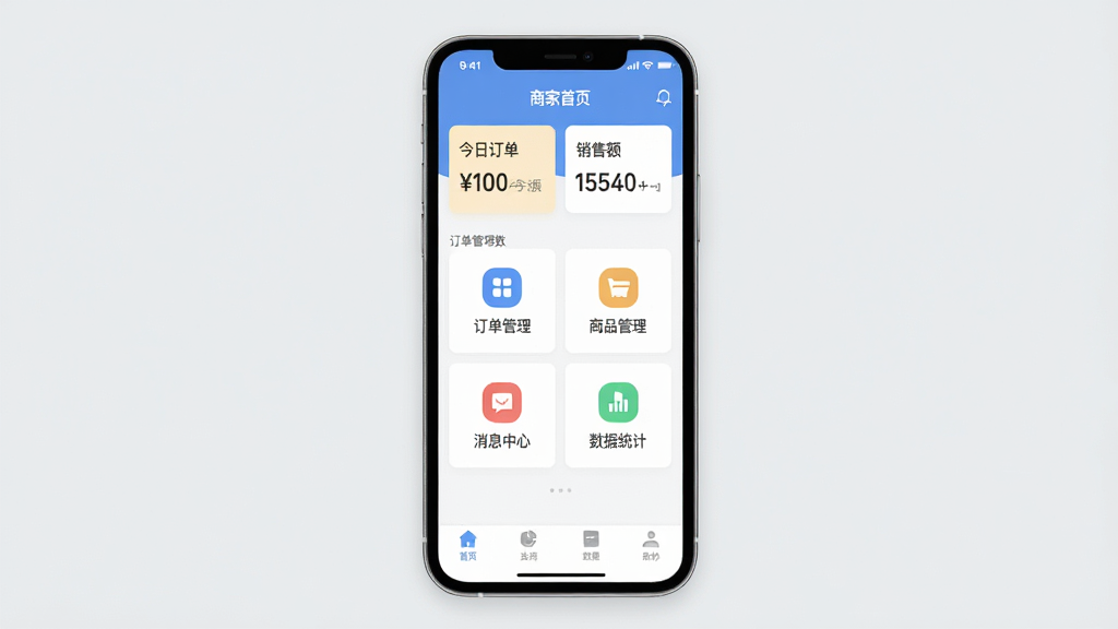 һ��չʾ���̳��̼Ұ�App���Ľ�����ֻ�����ͼ�������������ֻ���Ļ����Ļ����ʾ�̼Һ�̨��ҳ�������н��ն����������۶����ݿ�Ƭ���м������Ŷ�����������Ʒ��������Ϣ���ġ�����ͳ���ĸ�����ͼ�꣬�ײ��ǵ�����������Ϊǳ��ɫ��������ִ���ƽ�������ʸɾ��������޶���Ԫ��