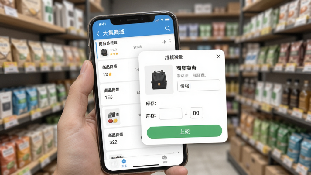���̳��̼Ұ�App����Ʒ���������ͼ���ͼ��������һֻ�������ֻ����ֻ���Ļ����ʾ��Ʒ�б��ͱ༭����������������ƷͼƬ���۸�����򡢿�����ֺ��ϼܰ�ť��������ģ���ĵ��̻��ܣ������ʵ��������������ɾ���ͻ����Ʒ��������