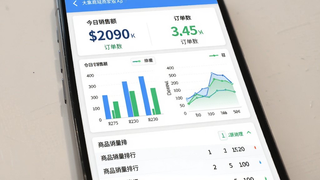 ���̳��̼Ұ�App������ͳ��ҳ��ʾ��ͼ���ֻ���Ļ��ʾ��״ͼ������ͼ��ͼ����ɫΪ��ɫ����ɫ���Ϸ��н������۶�Ͷ������Ĵ������֣��·�����Ʒ���������б�������Ϊ��ɫ����������࣬���ʸɾ��޶���װ��