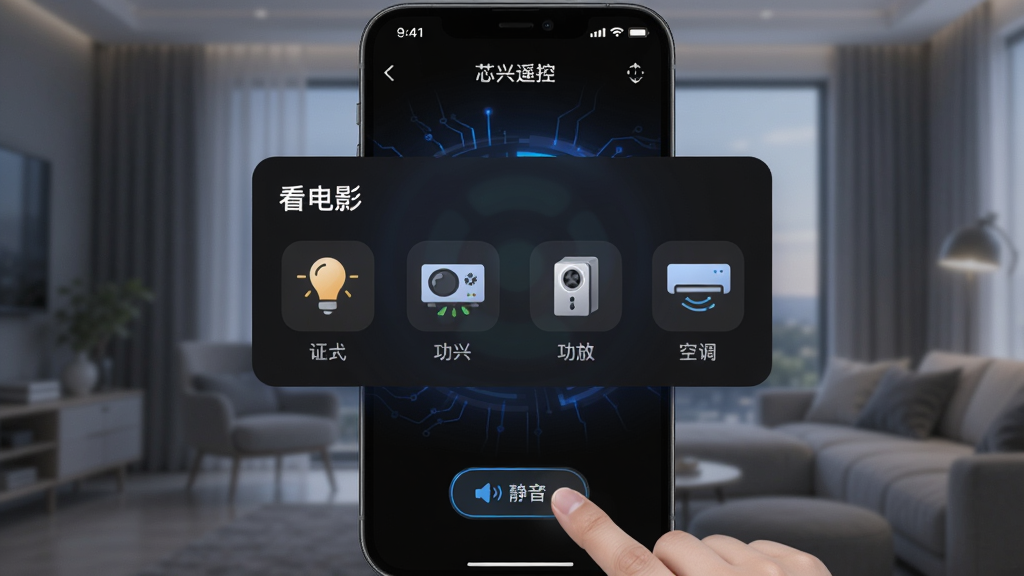 һ�š�о��ң�ء�App���Զ��峡�����ý��棬��Ļ������ʾ������Ӱ��������Ƭ����Ƭ�������ŵƹ⡢ͶӰ�����š��յ���ͼ�꣬�û�������ק����������������Ļ�ײ���������Ϊ��ɫģʽ���Ƽ���ʮ�㣬���ʸɾ�����
