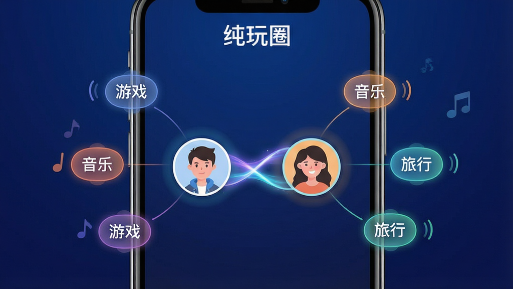 һ�š�����Ȧ��APP��ƥ�����칦��չʾͼ���������ֻ���Ļ��д������Ϊ��Ļ������ʾ�����û�ͷ��ͨ��һ����̬������ӣ���Χ��������Ȥ��ǩ�硰��Ϸ���������֡��������С����Ű�Ϊ���з���״�����Ϊ�Ƽ�������ܰ�н�ϣ�ϸ��Ϊ����к�������Ч�������ʸɾ����޶���Ԫ�أ�����Ϊ����ɫ���䣬���������֡�����Ȧ����������Ļ����