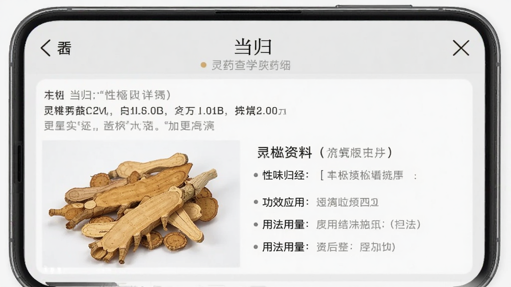����ҽѧApp��ҩ��ѯ���棬�ֻ���Ļչʾ�����顱����ϸ����ҳ��������ζ�龭����ЧӦ�á��÷�������������Ϣ������һ�ŵ���ҩ�ĵ�ʵ��ͼ������Ϊǳ��ɫ�������Ű����������רҵ���