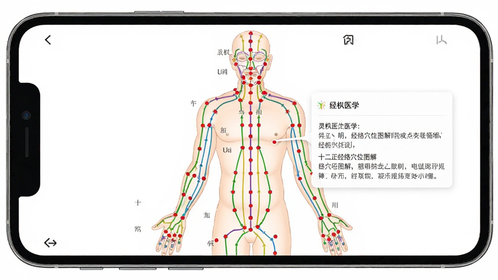 ����ҽѧApp����Ѩλͼ��ҳ�棬�ֻ���Ļ��ʾ�������澭��ѭ��ͼ��ʮ�������ò�ͬ��ɫ���������Ѩλ�ú���ע�����ĳ��Ѩλ������ϸ˵���򣬱���Ϊ��ɫ���������������רҵ