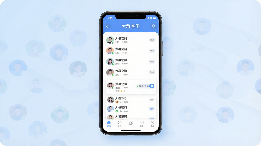 һ��չʾ��Ⱥ�ռ���������ȫò��ͼƬ�������������ֻ���Ļ����Ļ����ʾ��Ⱥ�ռ�������棬���涥���С���Ⱥ�ռ䡱���ֱ��⣬�м����������е�Ⱥ���б�����Ϣ�ۺϿ�Ƭ���ײ��й��ܵ���������������͵�ǳ��ɫ���䣬������ִ���ƽ����ϸ��Բ�󣬻��ʸɾ��������޶���Ԫ�ء�