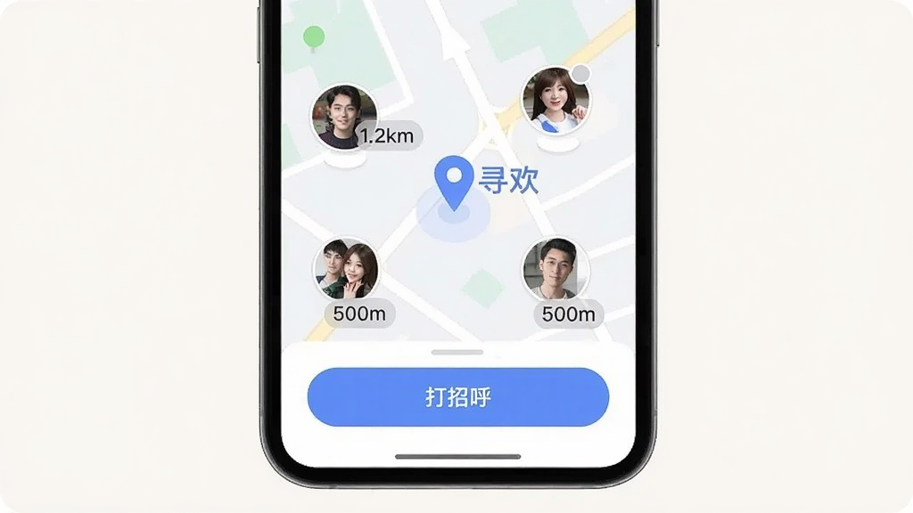 ����Ѱ�� �������˽��棬�ֻ���Ļ��ʾ��ͼ��λ�����Χ�û�ͷ��ͷ���Ա�ע���롰500m����1.2km��������ײ��С����к�����ť���������ִ���ƽ������ǳɫ��ϸ������