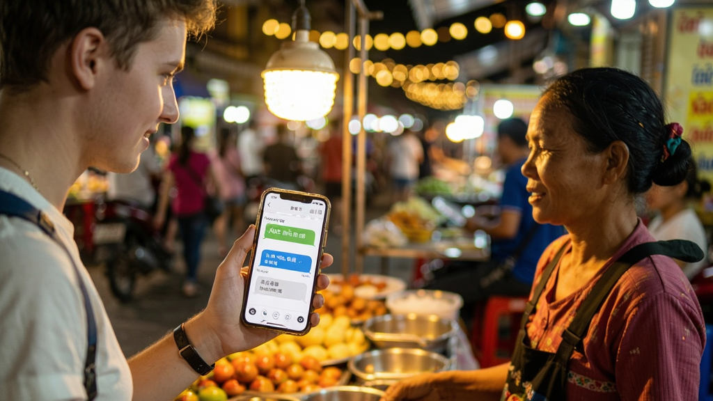 һ��չʾԽ�������ܿ���ʵʱ�������빦�ܵĳ���ͼ��������һλ�����ο������ֻ�����һλԽ�ϵ���̯�����ֻ���Ļ����ʾ�����ĺ�Խ�����˫��Ի����ݣ�������Խ�����ֵ�ҹ��̯λ��ɫ�����ޣ�������дʵ�Ҵ�����ů�ĵƹ��Χ������������ϸ�ڷḻ���޶�������Ԫ�ء�