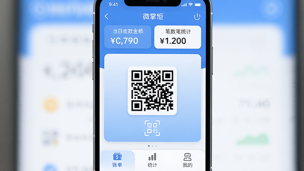 ΢�ƹ��ֻ�Ӧ��������չʾ������������һ�������ֻ�����Ļ��ʾ΢�ƹ�App���տ���ҳ�������е����տ���ͱ���ͳ�ƣ��м�����Ŀ���տ��ά���ɨ��ͼ�꣬�ײ����˵���ͳ�ơ��ҵ�����ѡ����������������ɫ��������ִ�����ƽ����ƣ�ͼ��Բ�󣬱����ɾ��������������޶���Ԫ��