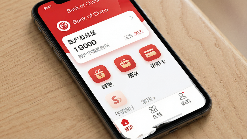 һ��չʾ�й������ֻ�����App���������ϸͼƬ���������ֻ���Ļ����ʾ�š�Bank of China���ٷ�Ӧ�ý��棬����������������ʾ�˻��������м���ת�ˡ����ơ����ÿ��ȳ��ù���ͼ�꣬�ײ�Ϊ��ҳ������ҵĵȵ��������Ű����࣬����ִ���Լ����ɫ��Ϊ��ɫ�Ͱ�ɫ��ϸ�ڰ���Բ���ͼ������������ֱ�ǩ�����ʸ��壬�ɾ��޶���Ԫ��