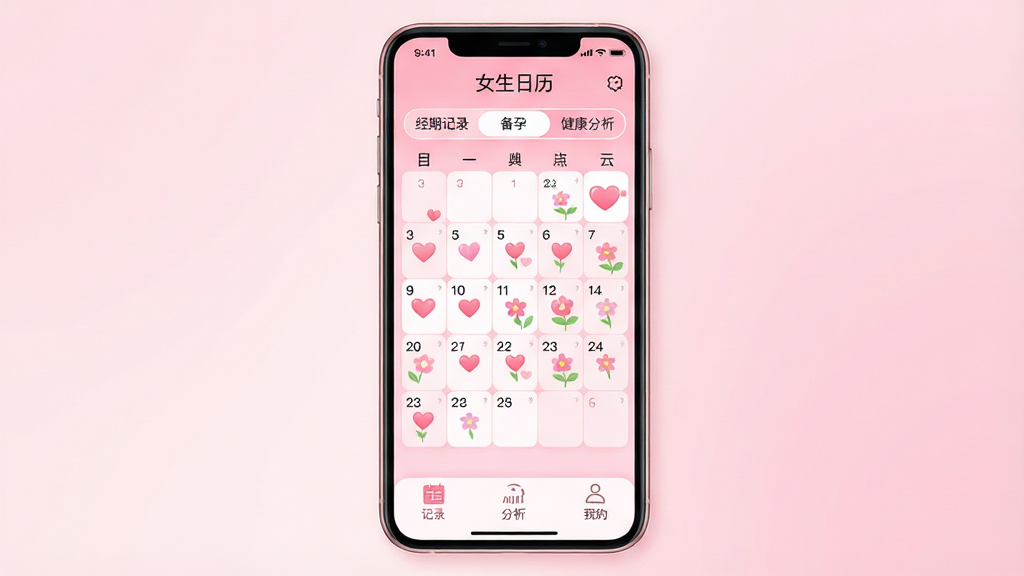 Ů������app������չʾ�������������ֻ���Ļ����Ļ����ʾ��ɫϵ������ͼ�����ڸ������а��ĺͻ����ǣ������о��ڡ����С����е�״̬�л���ǩ���ײ��м�¼���������ҵ�����������ť��������ǳ��ɫ���䣬���������ͣ�ϸ��Բ���£����ʸɾ��޶���Ԫ�أ���������Ϊ���ġ�Ů�������������ڼ�¼����Ԥ�⡱������������