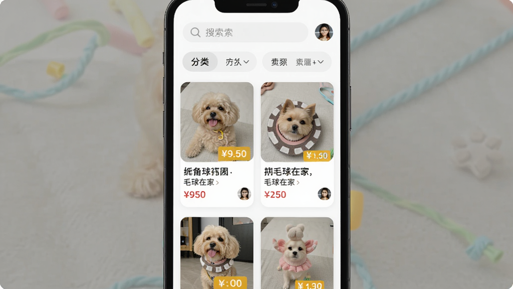 �ֻ���Ļ��ʾ��ë���ڼҡ������ü����б���ÿ����Ʒ����һ�ų�����Ʒʵ��ͼ���۸��ǩ�������������������ͷ���ɸѡ��ť������Ϊ�������񣬷��Ϊ���̿�Ƭʽ��ƣ�ϸ�ڰ�����Ʒ���������ͷ�񣬻��ʸ��壬�ɾ����޶���Ԫ��