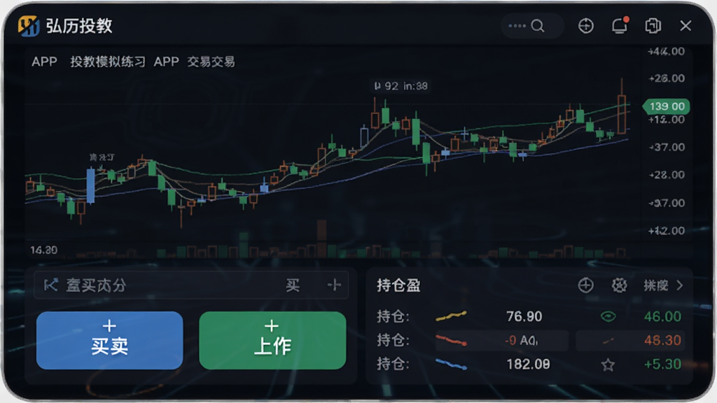����Ͷ��ģ����ϰ���棬չʾ������Ͷ�̡�APP��ģ�⽻��ҳ�棬��Ļ�ϰ벿����K������ͼ���°벿��������������ť�ͳֲ�ӯ�����ݣ�����Ϊ��ɫ�Ƽ��з�񣬲������������ʸɾ��޶���Ԫ��