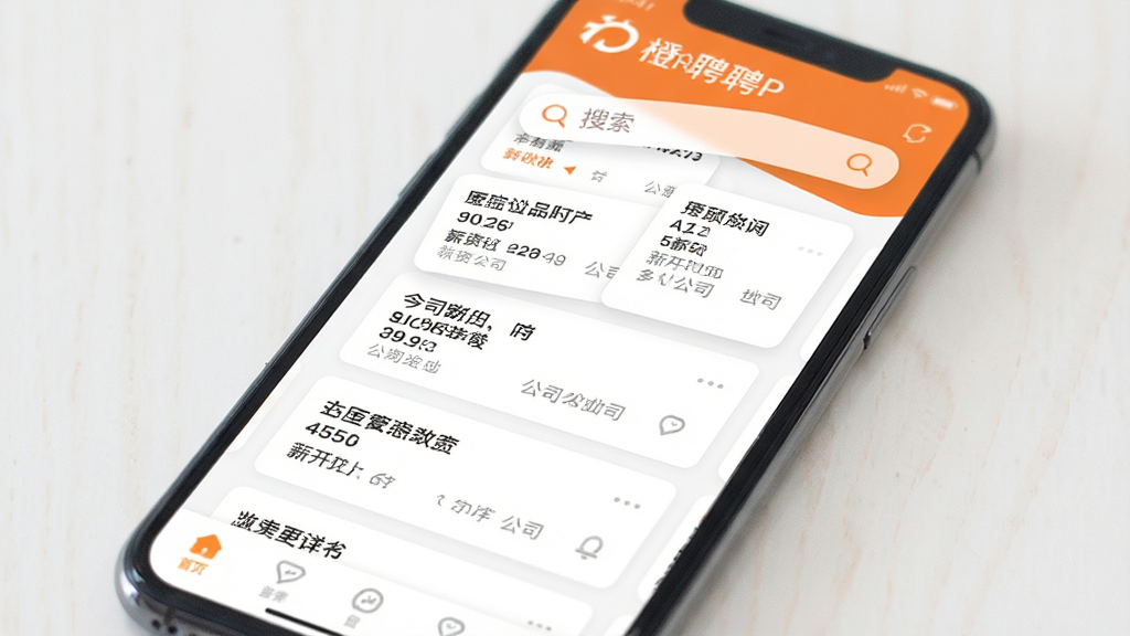һ���ֻ���Ļ��д����ʾ��ƸAPP�������棬���涥���ǳ�ɫ��Ʒ�Ʊ�־���������м��ǿ�Ƭʽ�Ĺ����Ƽ��б���ÿ�ſ�Ƭ����ְλ���ơ�н�ʷ�Χ�͹�˾�ص㣬�ײ��Ǽ��ĵ�������������������죬�Գ�ɫ�Ͱ�ɫΪ��ɫ��������������UI����ִ���ƽ���ɾ��޶���Ԫ��