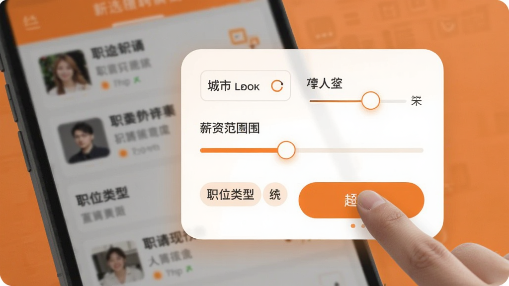 һ�ų�ƸAPP��ɸѡ���ܽ���չʾͼ����������һ��Բ�Ǿ��ε�ɸѡ��壬�����г���ѡ��н�ʷ�Χ���顢ְλ���ͱ�ǩ��ѡ���ָ���ڵ��ĳ��ɸѡ��ť���������黯��ְλ�б�������ɫ����ů��ͻ����ɫ����Ԫ�أ�����ϸ�壬���ֹ����޶���װ��