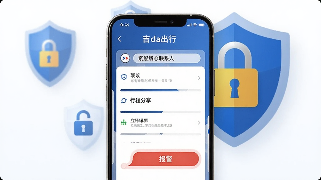 һ��չʾ��������С�App��ȫ���Ľ����ͼƬ���������ֻ���Ļ��ʾ������ϵ�����á��г̷����ͱ�����ť�������Ƕ��ƺͰ�ȫ����ͼ�꣬���ȫ�ɿ�����������
