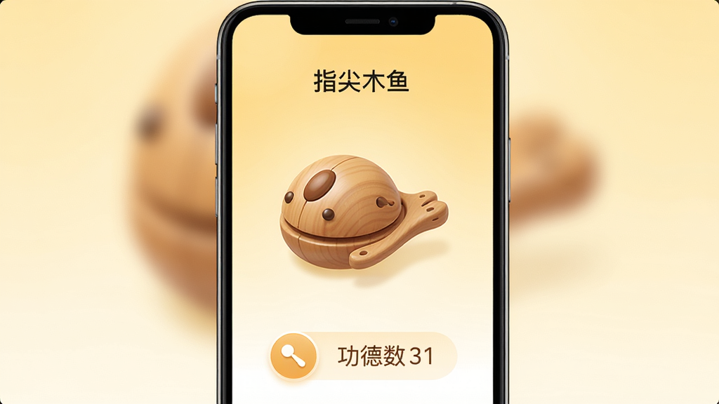 一张展示“指尖木鱼”应用主界面的手机屏幕截图,画面中央是一个圆润的木质木鱼图案,下方有敲击按钮和功德计数显示,背景是柔和的暖黄色渐变,整体风格极简清新,画质干净无多余元素