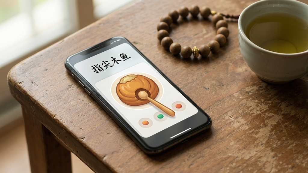 一部手机放在木质桌面上,屏幕显示“指尖木鱼”的敲击界面,旁边有一串佛珠和一杯茶,画面安静祥和,光线柔和,风格写实,画质细腻干净,无多余元素