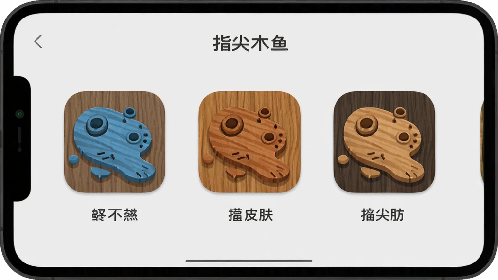 展示“指尖木鱼”应用的多套皮肤切换界面,画面中并排显示三个不同颜色和纹理的木鱼图标,背景是浅灰色,风格扁平简洁,文字标注清晰,画质干净无多余元素