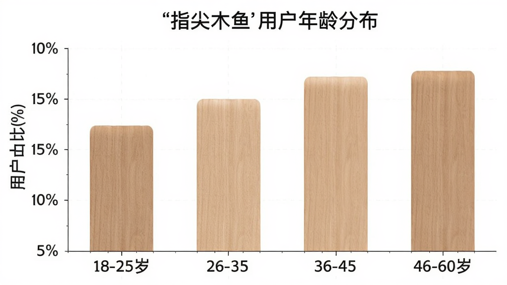 一张柱状图展示“指尖木鱼”用户年龄分布,横轴为18-25岁、26-35岁、36-45岁、46-60岁四个年龄段,纵轴为用户占比百分比,柱体颜色为柔和的木色系,图表风格简洁清晰,标注明确,画质干净无多余元素