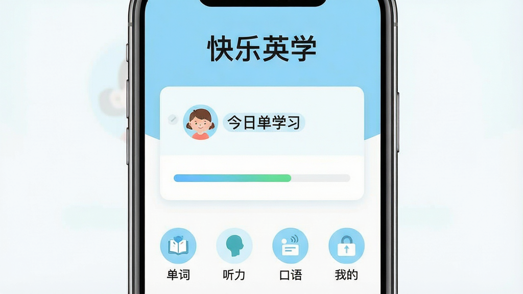 һ���ֻ���Ļչʾ����ӢѧApp�������棬���������ˬ����ǳ��ɫ�Ͱ�ɫΪ��ɫ������Ļ�Ϸ�������ʾ������Ӣѧ���ĸ��֣��м�����չʾ���յ���ѧϰ��Ƭ�ͽ��������·������ŵ��ʡ�����������ҵ��ĸ�����ͼ�꣬�������ִ���࣬��ƽ����ƣ����ʸɾ��������޶���Ԫ��